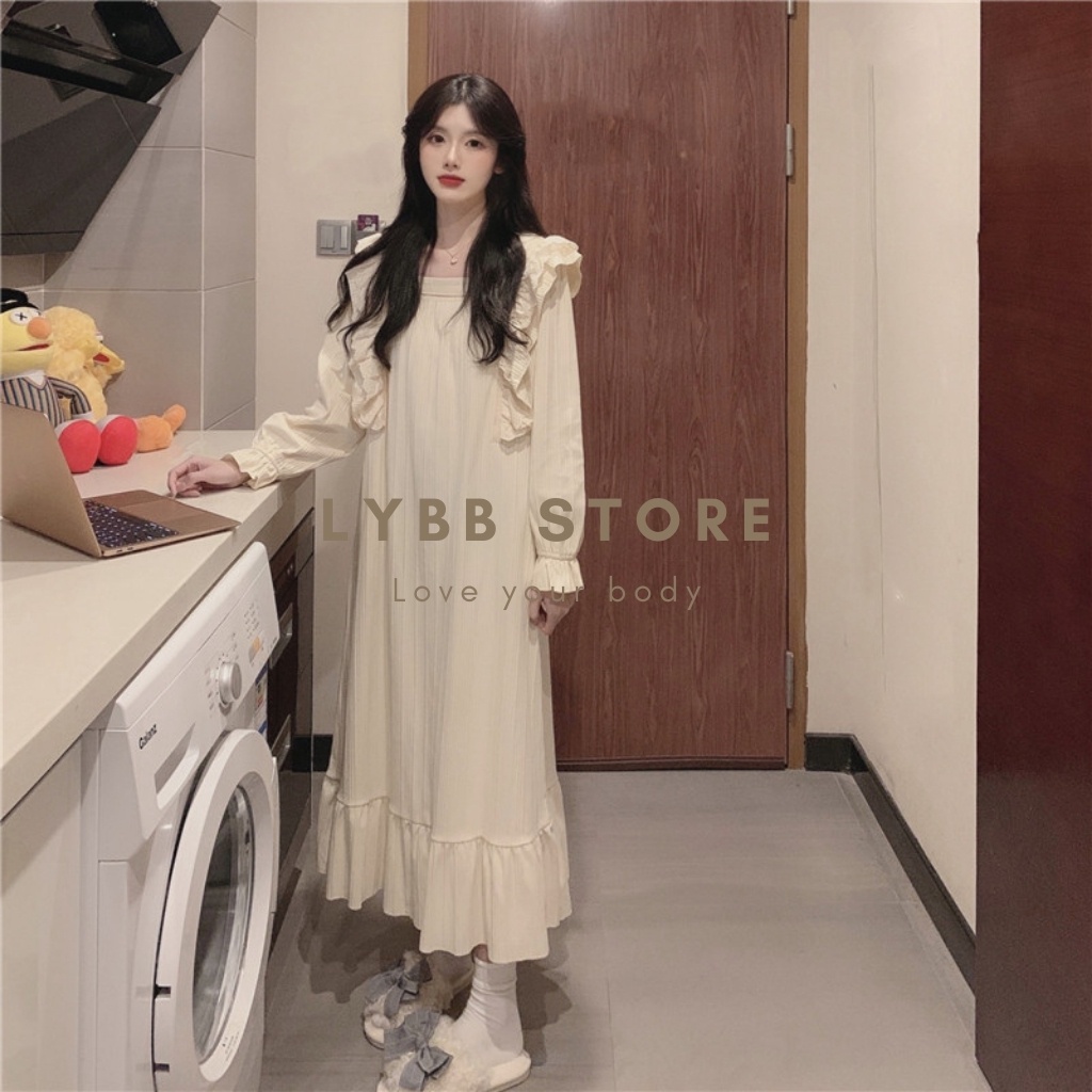 Váy ngủ công chúa chất liệu cotton dáng dài vai bèo siêu xinh, váy babydoll, đồ ngủ thu đông, đồ mặc nhà đẹp