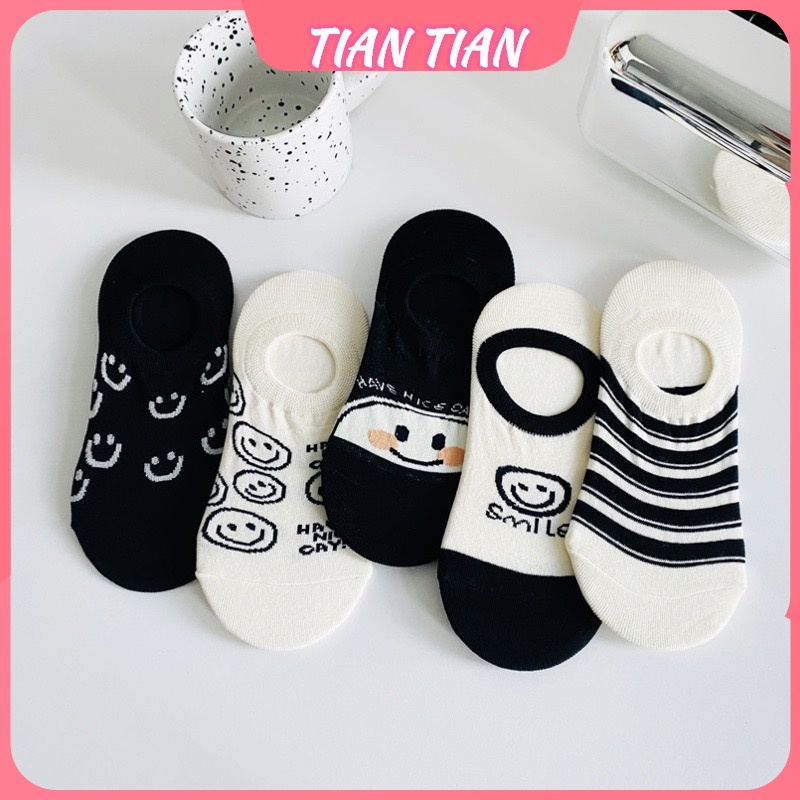 TIAN TIAN T196 Tất hài nữ Vớ Thuyền Silicon Chống Trượt Miệng Nông In Họa Tiết Mặt Cười Hoạt Hình Màu Trắng Đen Dễ Thương Thời Trang Xuân Hè Cho Nữ
