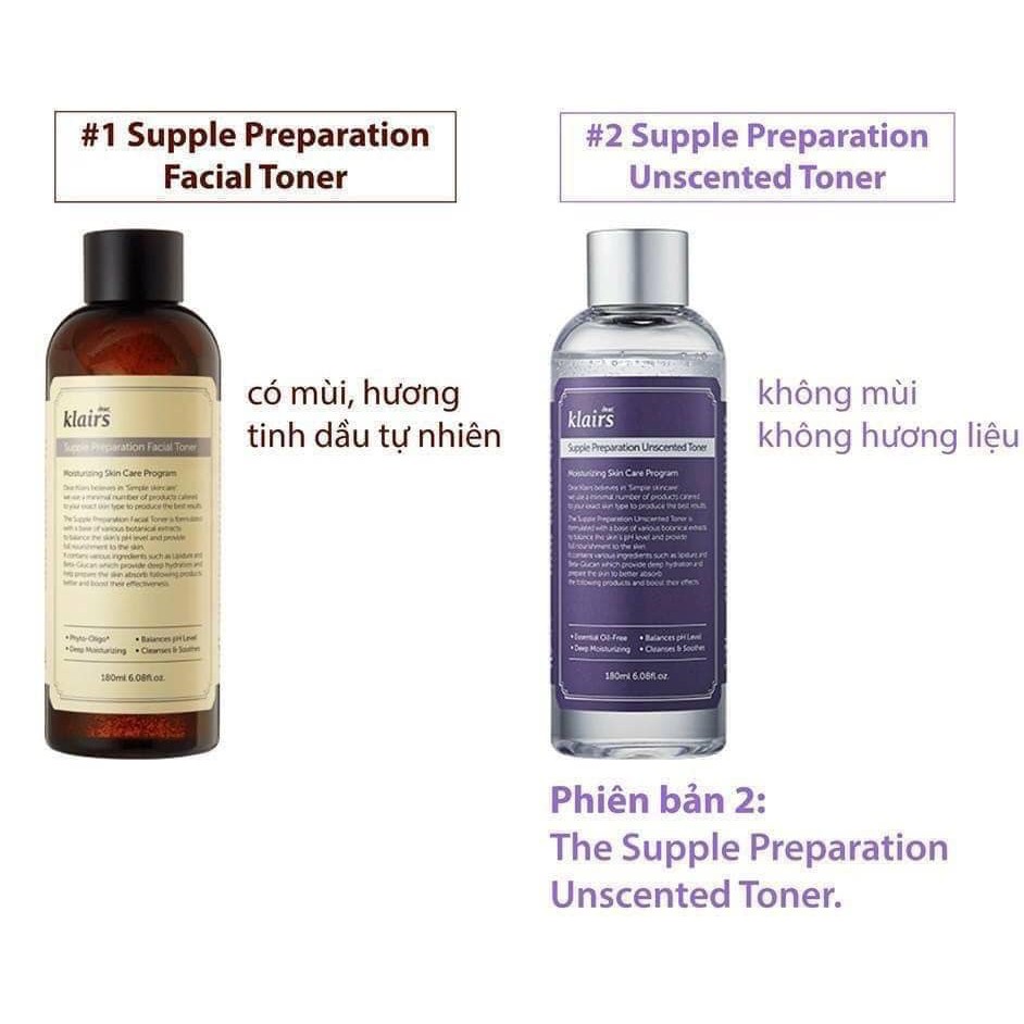 Nước Hoa Hồng Klairs Supple Preparation Facial Toner không mùi (chai tím), có mùi ( chai vàng)