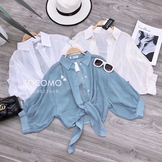 Áo sơ mi LINH RUBI STORE tay bồng thắt nơ eo chất liệu voan mỏng nhẹ mát A023