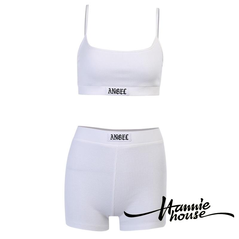 Bộ 2 Món Áo Croptop Sát Nách Cổ Chữ U + Quần Short In Chữ Thời Trang Mùa Hè Cho Nữ