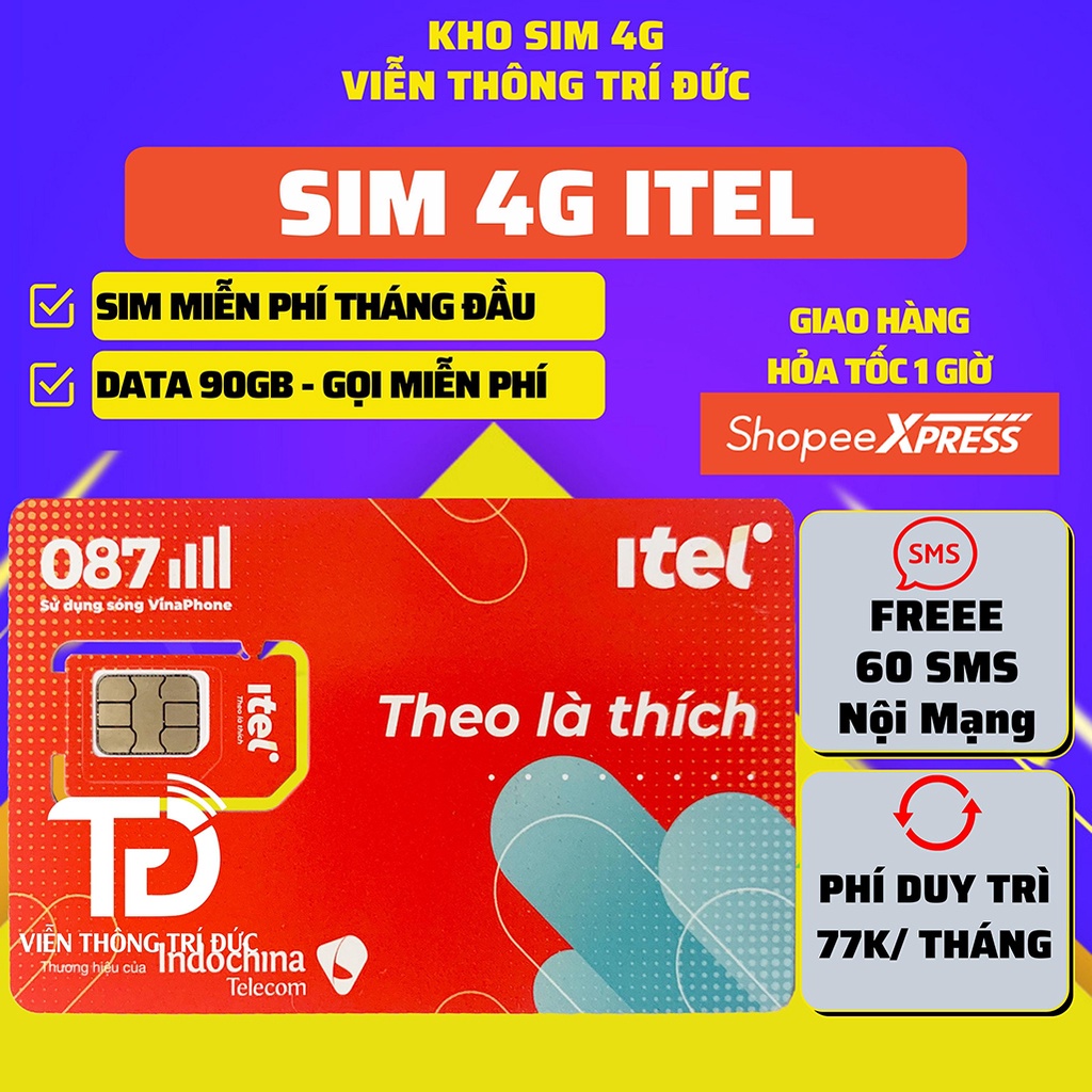 Sim 4G itel May77 Data 90GB/tháng + Miễn Phí Gọi, Sim Mạng Vinaphone 4G Full Toàn Quốc Giá siêu rẻ - Viễn Thông Trí Đức