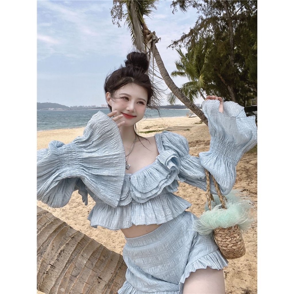 Set Áo Cổ Vuông Dài Tay Phối Bèo Và Quần Short Thời Trang Cho Bé Gái