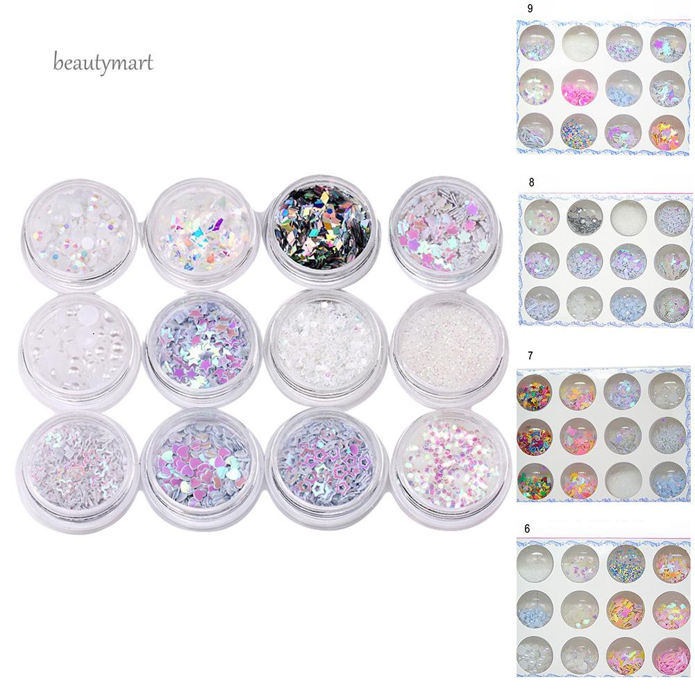 Bộ 12 hộp kim tuyến 12 mẫu trang trí móng tay