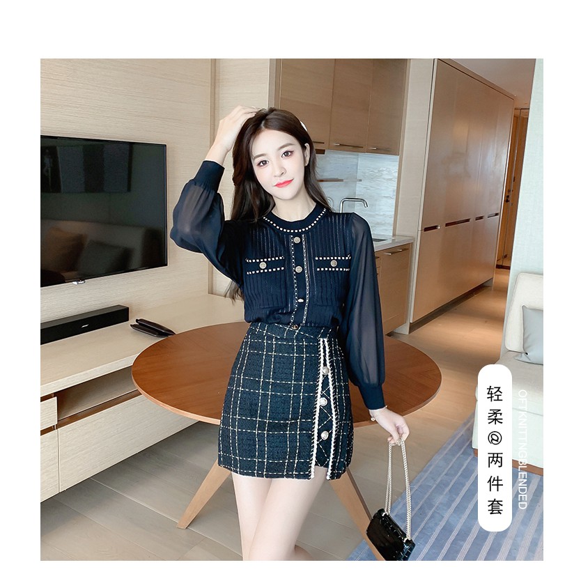 [Hàng order][Có ảnh thật] Sét váy dạ tweed cúc ngọc và áo len dệt kim len montoghi tiểu thư sang chảnh V62