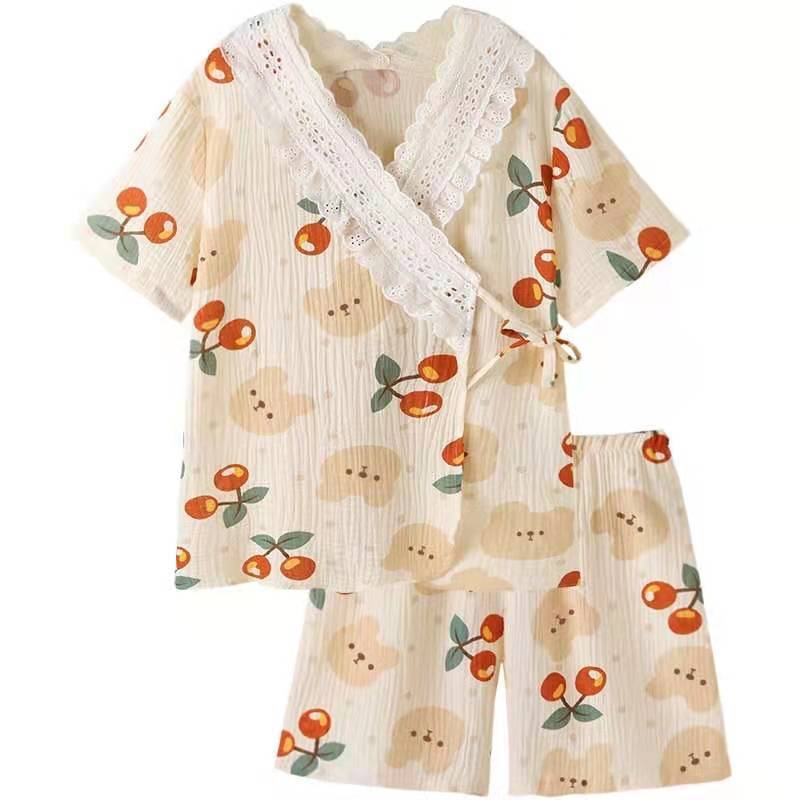 Bộ Đồ Pajamas Vải Cotton In Hình Gấu Và Cherry Kiểu Dáng Đáng Yêu