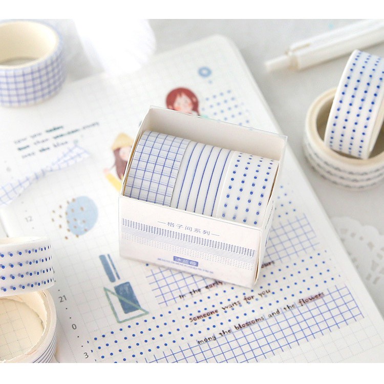 Bộ Washi tape băng dính dài 3m chấm bi/ kẻ Basic trang trí Bullet Journal, điện thoại