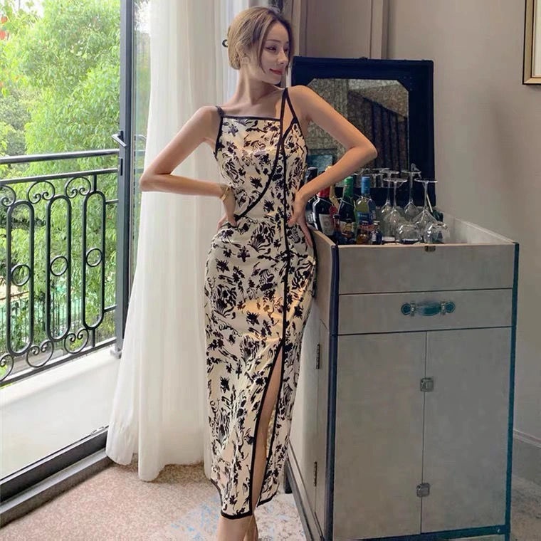 Đầm sườn xám hai dây họa tiết hoa thời trang mùa hè cho nữ