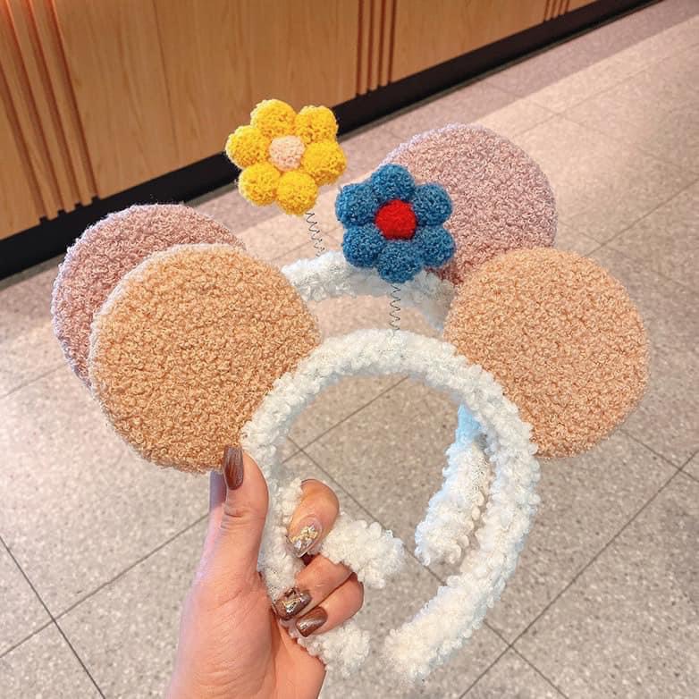 Cài Tóc Tai Mickey Phối Bông Hoa Lò Xo