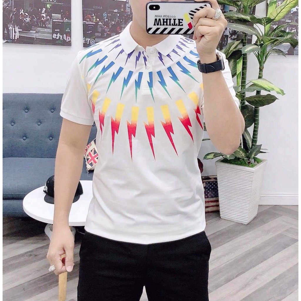 Áo thun nam ngắn tay có cổ in 3D tia chớp độc lạ vải cotton không nhăn cao cấp