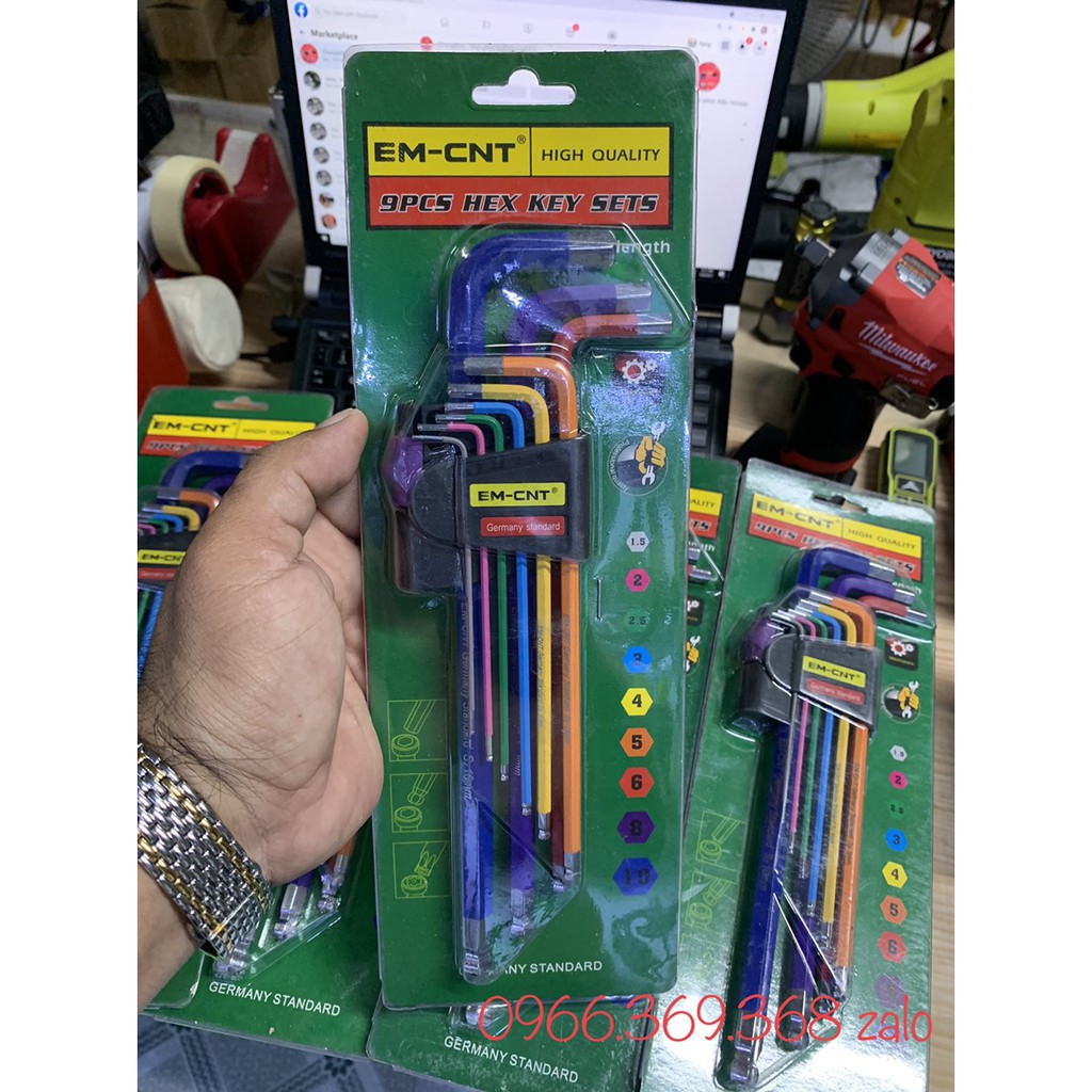 Bộ lục giác màu đầu bi 9 món dài " nhiều màu sắc " EM - CNT