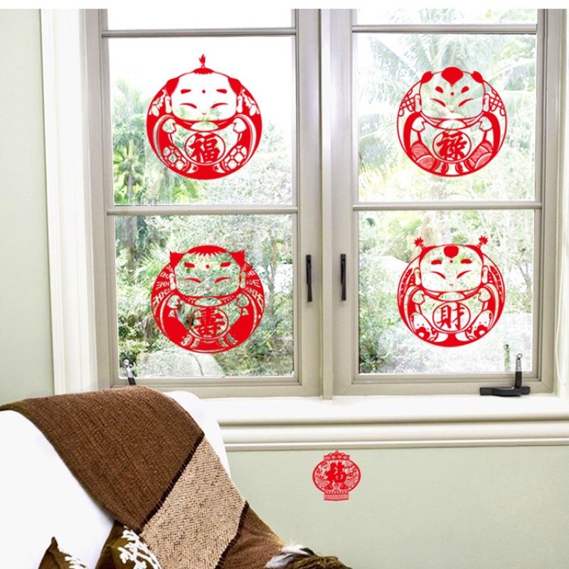 Decal trang trí Tết - 4 Tiểu đồng tử đỏ đón Xuân