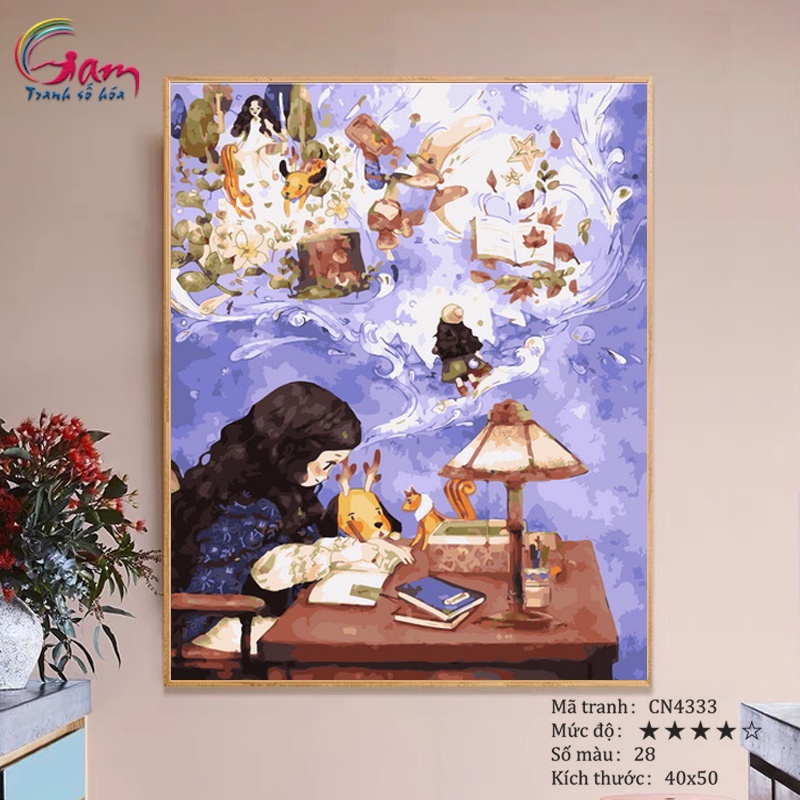 Tranh tô màu số hoá Gam cô gái tóc xù Aeppol có sẵn đã căng khung 40x50cm CN4333