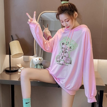 ZHELIHANGFEI Áo Hoodie Tay Dài Dáng Rộng In Hình Gấu Dễ Phối Đồ
