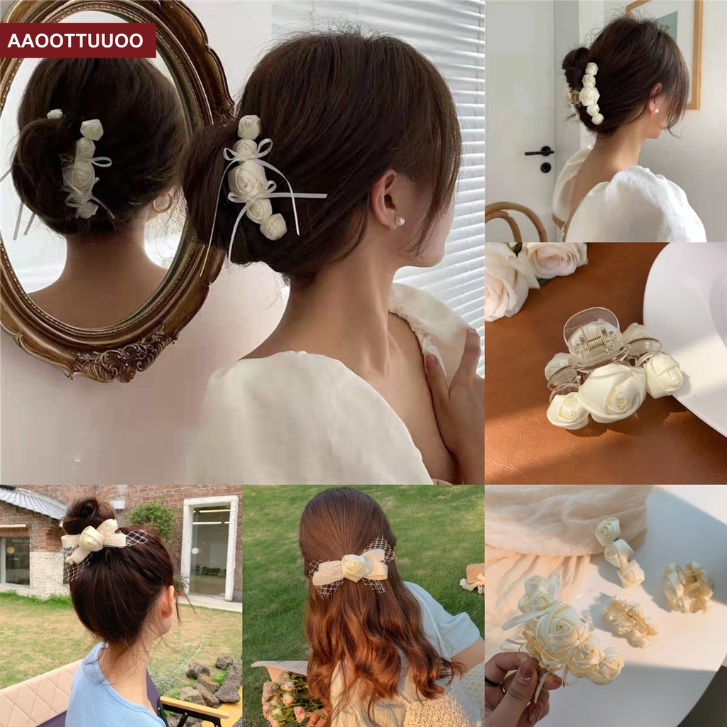 Kẹp tóc/ Dây cột tóc hình hoa hồng màu trắng phong cách Retro cho nữ