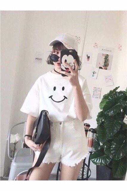 Áo thun cotton thêu mặt cười dễ thương