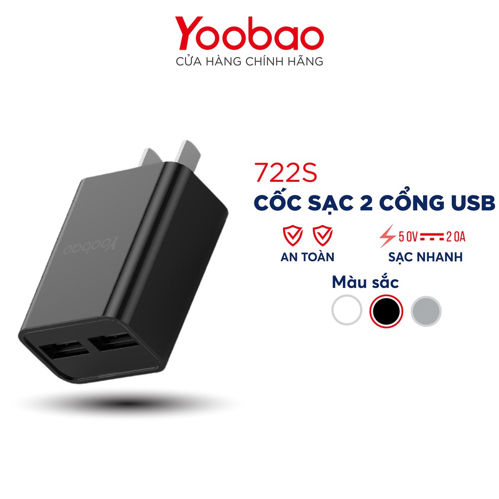 Cốc sạc 2 cổng USB 2.1A dùng cho điện thoại, máy tính bảng, sạc dự phòng... YOOBAO 722S