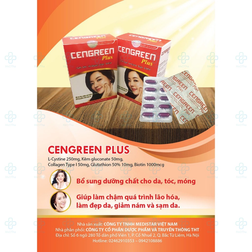 Cengreen Plus - Viên Uống Đẹp Da, Nám, Dưỡng Da, Dưỡng Tóc, L-Cystine, Collagen, Glutathion (Hộp 30 Viên) [Chính Hãng]