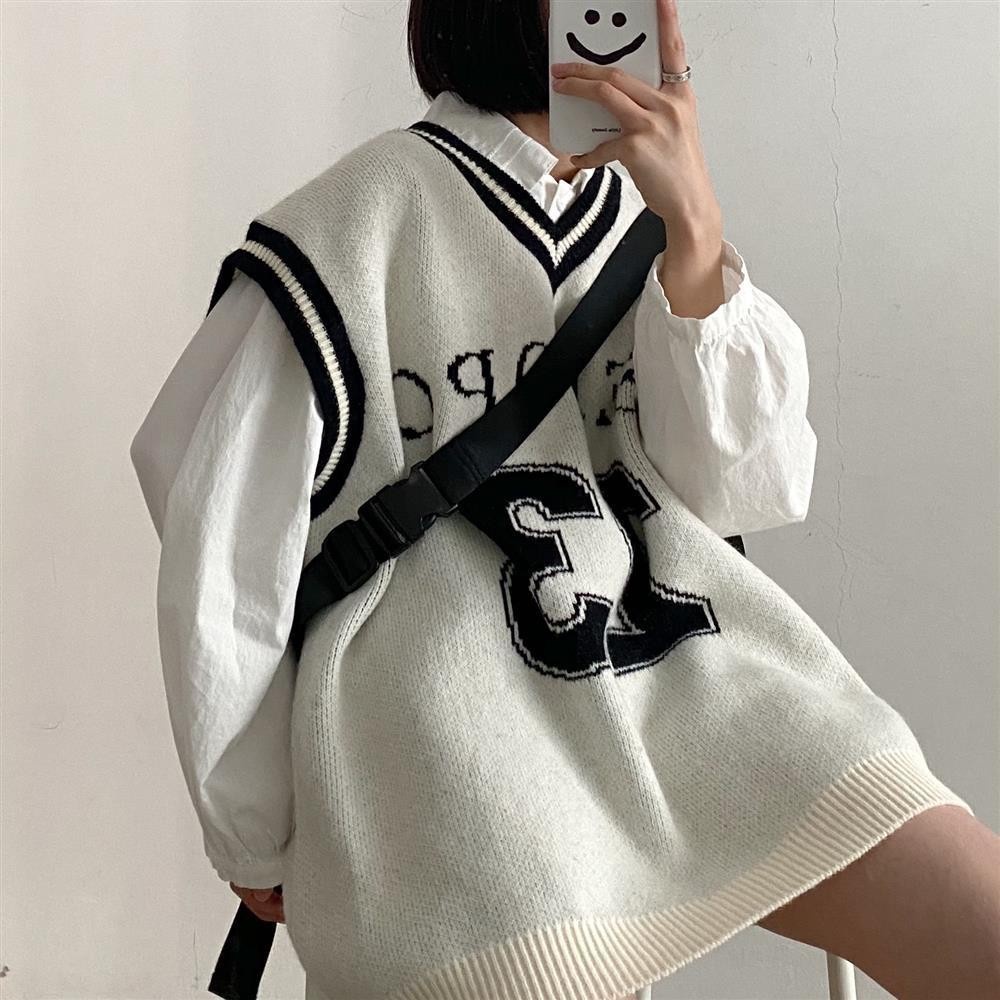 Áo len Pure Cube không tay cổ chữ V dáng rộng thiết kế thời trang mùa thu đông theo phong cách Hàn Quốc cho nữ