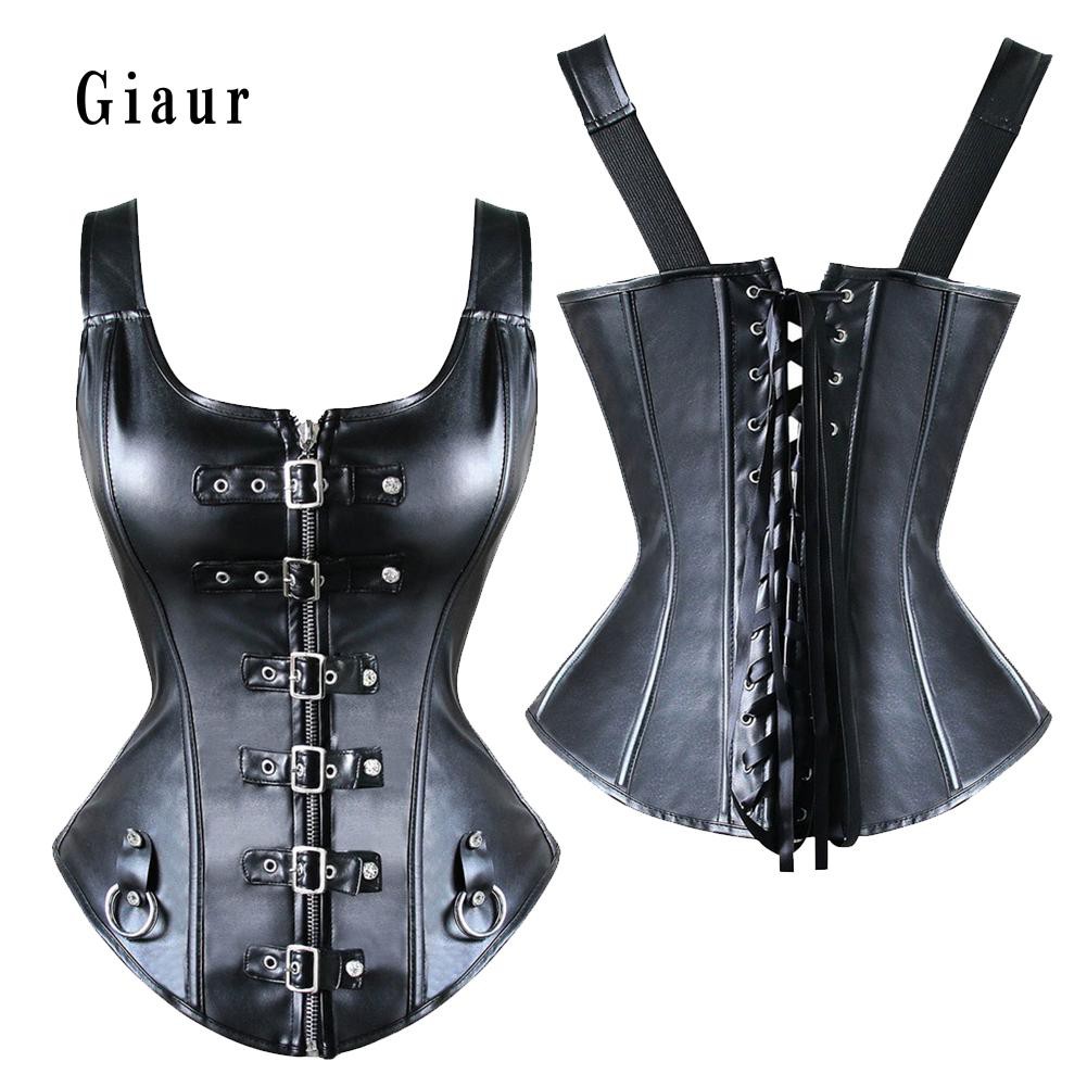 Áo corset chất liệu da giả màu trơn trang trí nhiều khóa kim loại độc đáo giúp định hình cơ thể cho nữ