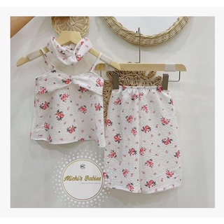 Bộ tiểu thư 2 dây, bộ quần ống rộng phối nơ ngực kèm turban siêu xinh cho bé