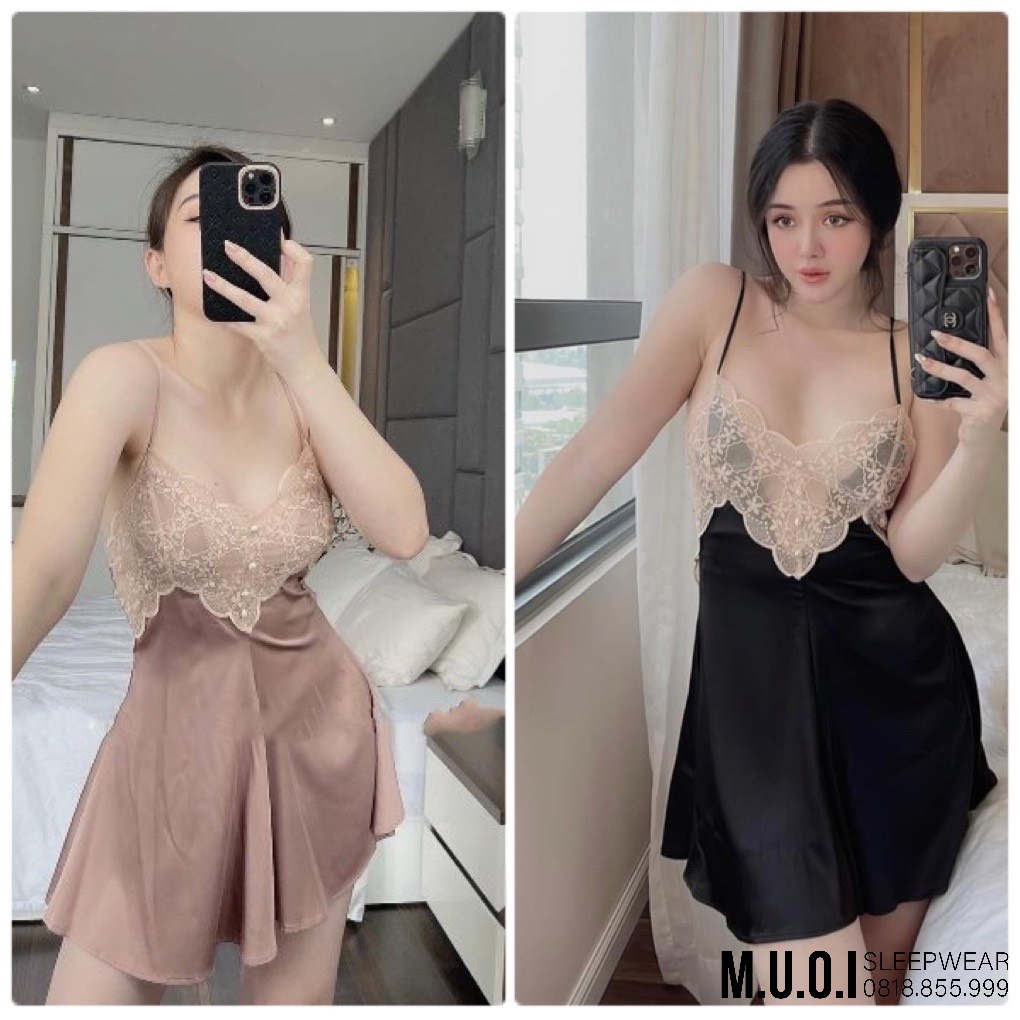 Váy ngủ sexy QUẢNG CHÂU-SX 107-Váy ngủ lụa phối ren hoa ngực sexy hot hit QUẢNG CHÂU - hàng có sẵn