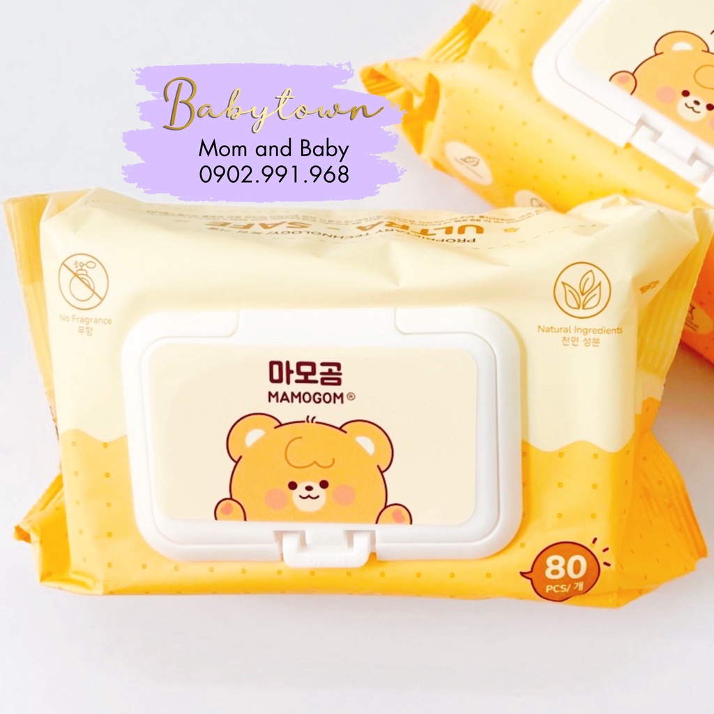 Khăn ướt cao cấp Mamogom Hàn Quốc 100% sợi giấy organic cotton mềm mịn không cồn an toàn cho da bé bịch 80 tờ