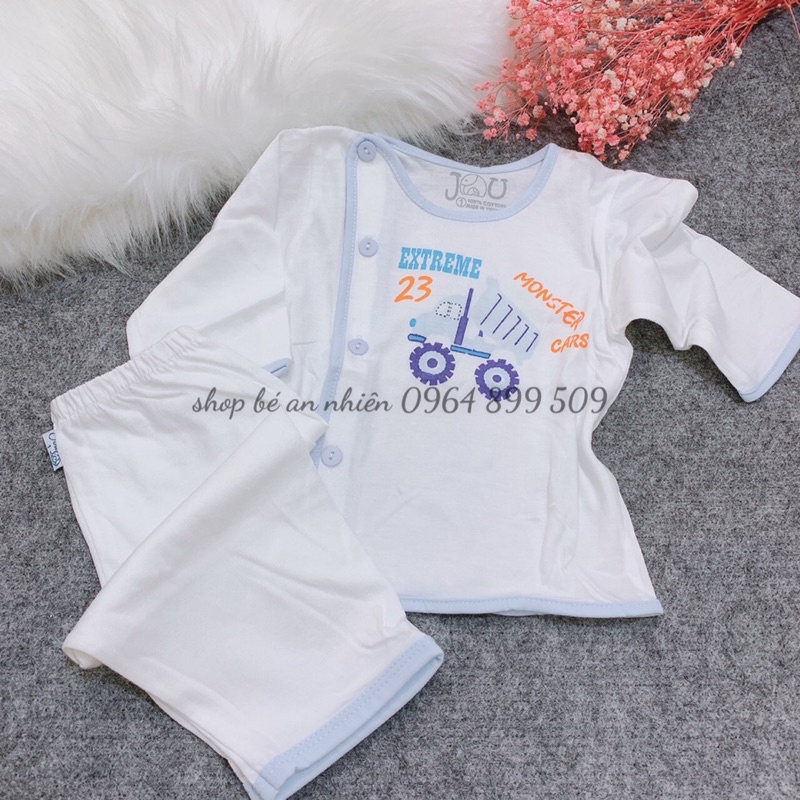 Bộ tay dài jou trắng in hình cho bé 3-9kg-Vải cotton 100%