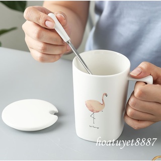 Ly cốc sứ cao cấp có nắp và thìa Zakka kiểu Bắc Âu dung tích 360ml