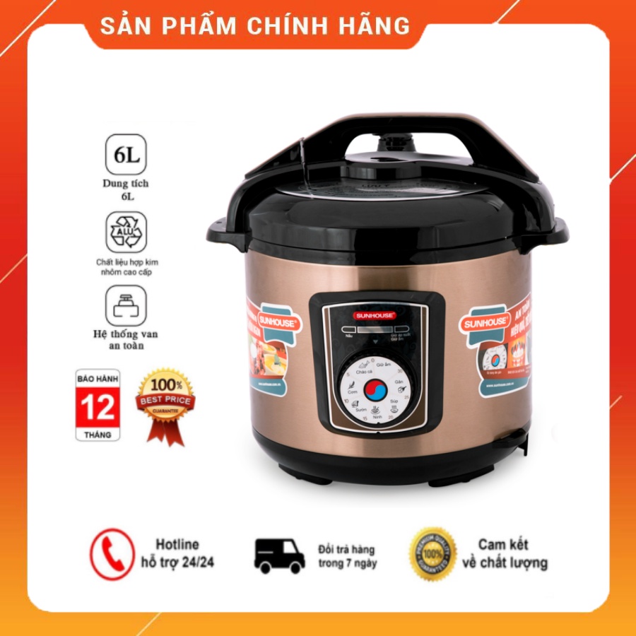 Nồi Áp Suất Điện Đa Năng Sunhouse SHD1756 Dung Tích Lớn 6L, Thiết Kế Vung Liền Chắc Chắn, Chống Dính Tốt, BH 12 Tháng