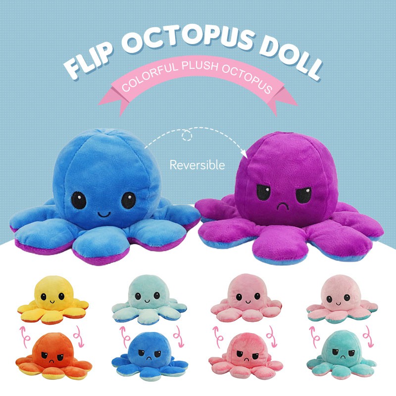 Tiktok Reversible Flip Stuffed Octopus Plush Toy Doll Soft Simulation Reversible Plush Toy Double-sided Mood switcher Baby fidget toy gift Valentine's Day MONKshop