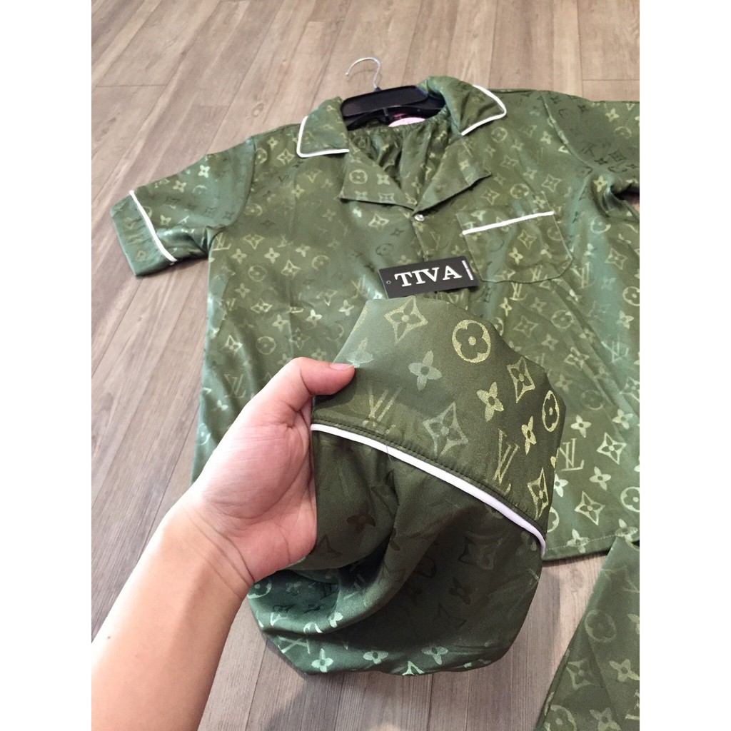 Set lụa gấm Đồ bộ áo tay ngắn và quần dài nhiều màu họa tiết chữ