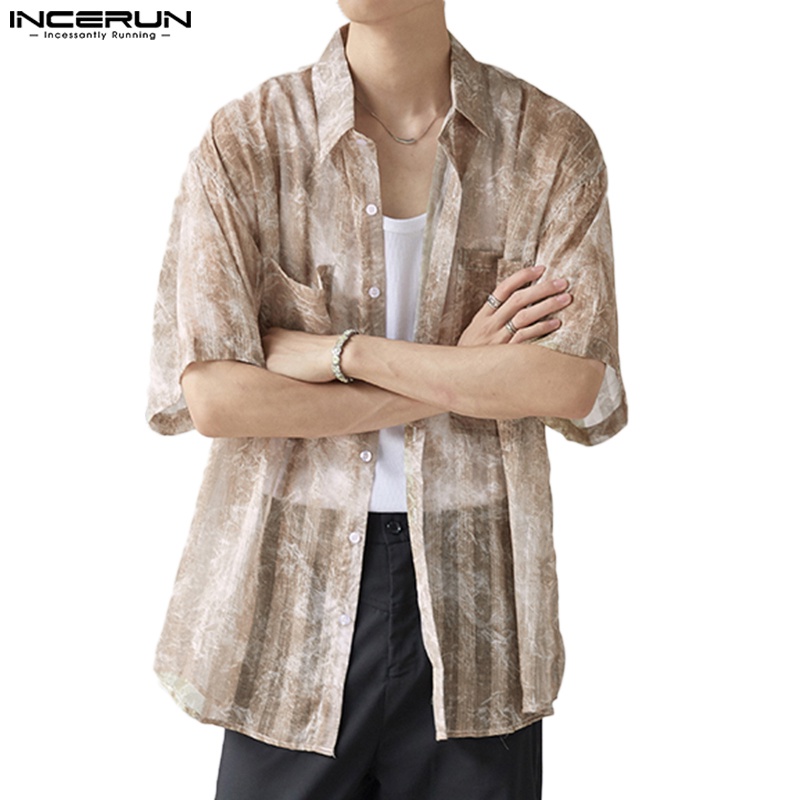 Áo sơ mi INCERUN tay lửng xuyên thấu họa tiết đá hoa cương đơn giản thời trang mùa hè dành cho nam