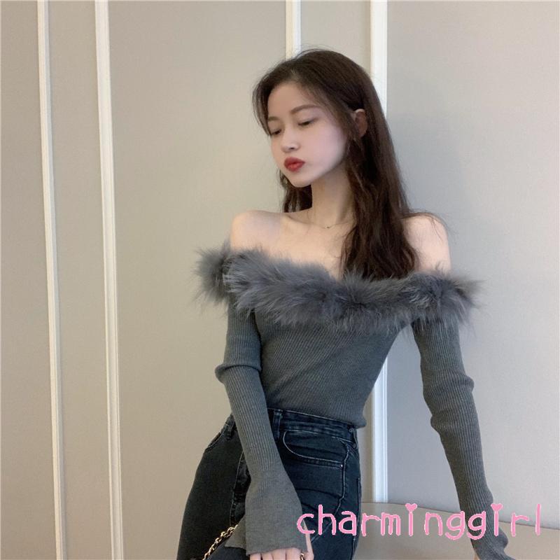 Áo dệt kim tay dài cổ thuyền màu trơn phối lông thời trang cho nữ