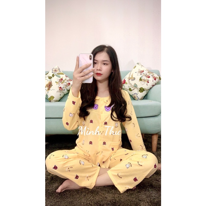 Bộ bầu - bộ sau sinh - cho con bú - chất liệu cotton ( lá sen đầu gấu  - QDTD - MS - 021 )