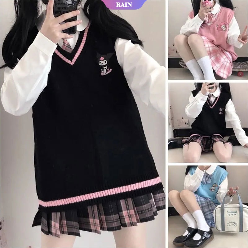 SANRIO Áo Ghi Lê Dệt Kim Cổ Chữ V Thêu Họa Tiết Kuromi Hoạt Hình Cinnamoroll My Melody Dễ Thương Mùa Thu Cho Nữ