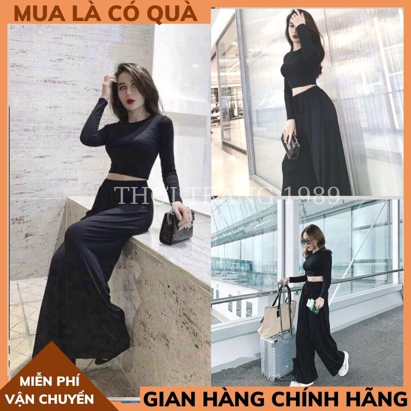 sét quần ống rộng kèm áo croptop dài tay ôm body nữ ,quần ống rộng nữ ,áo croptop nữ ULZANG PHONG CACH HÀN QUÓC TT1989