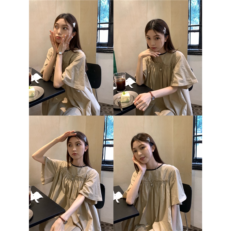 Đầm XIAOZHAINV tay ngắn cổ tròn dáng rộng phong cách Hàn Quốc