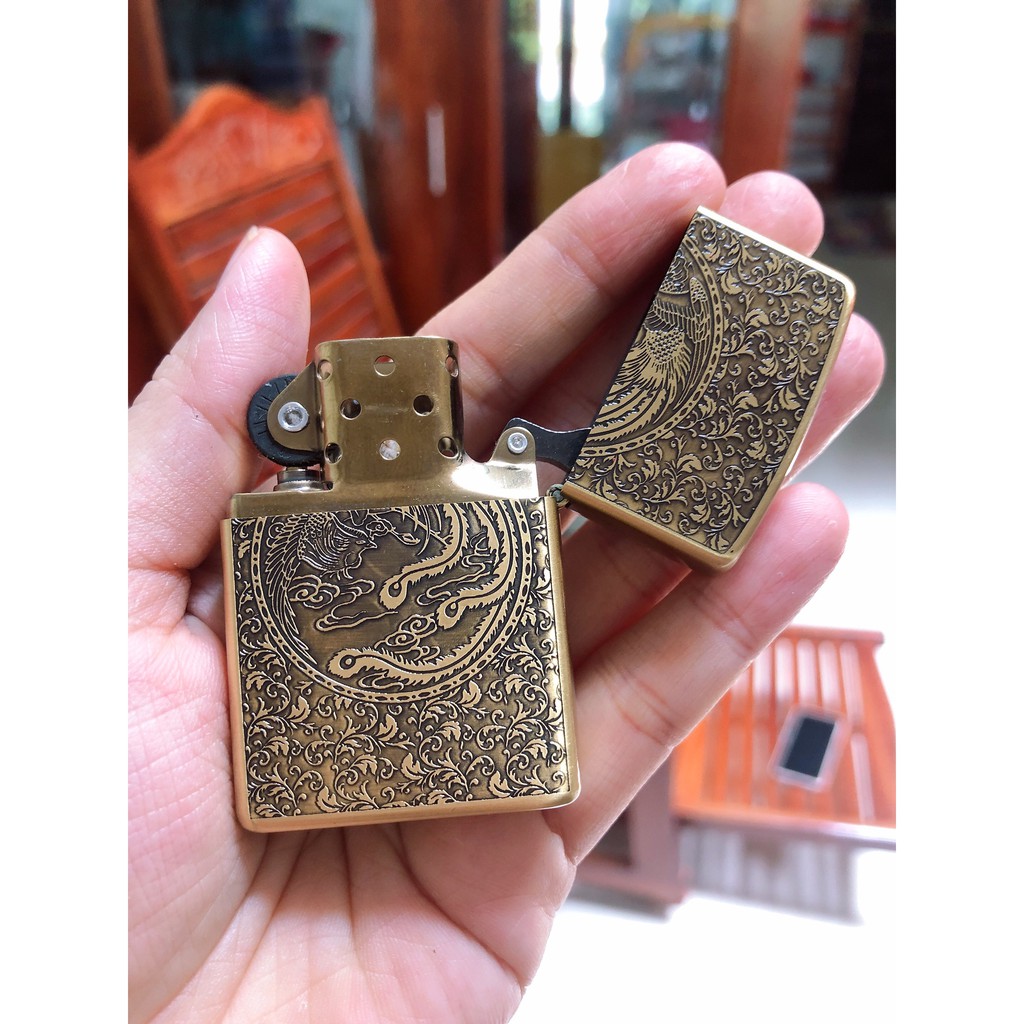 VỎ Bật Lửa Zippo Khắc Ăn Mòn Mẫu Rồng - Phụng MÀU VÀNG