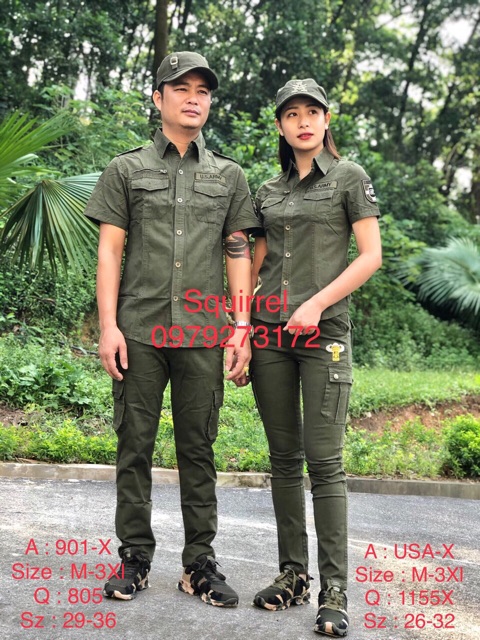 (click vào spham và lướt ảnh để xem thêm mẫu khác) Set gồm áo sơmi và quần lính rằn ri nam nữ army