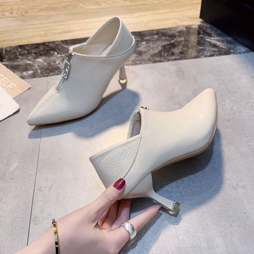 Giày bốt nữ cổ thấp gót nhọn cao 7 phân dáng ôm chân mũi nhọn có khóa hiện đại GN06 Hulian Fashion có 2 màu | BigBuy360 - bigbuy360.vn