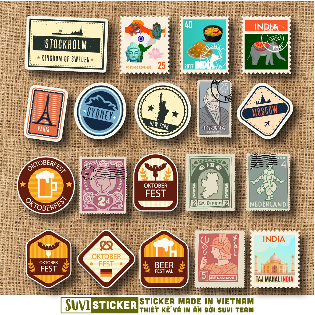 50 Sticker Vintage Stamp chống nước sticker dán laptop, điện thoại, đàn guitar, mũ bảo hiểm. MSP: V07