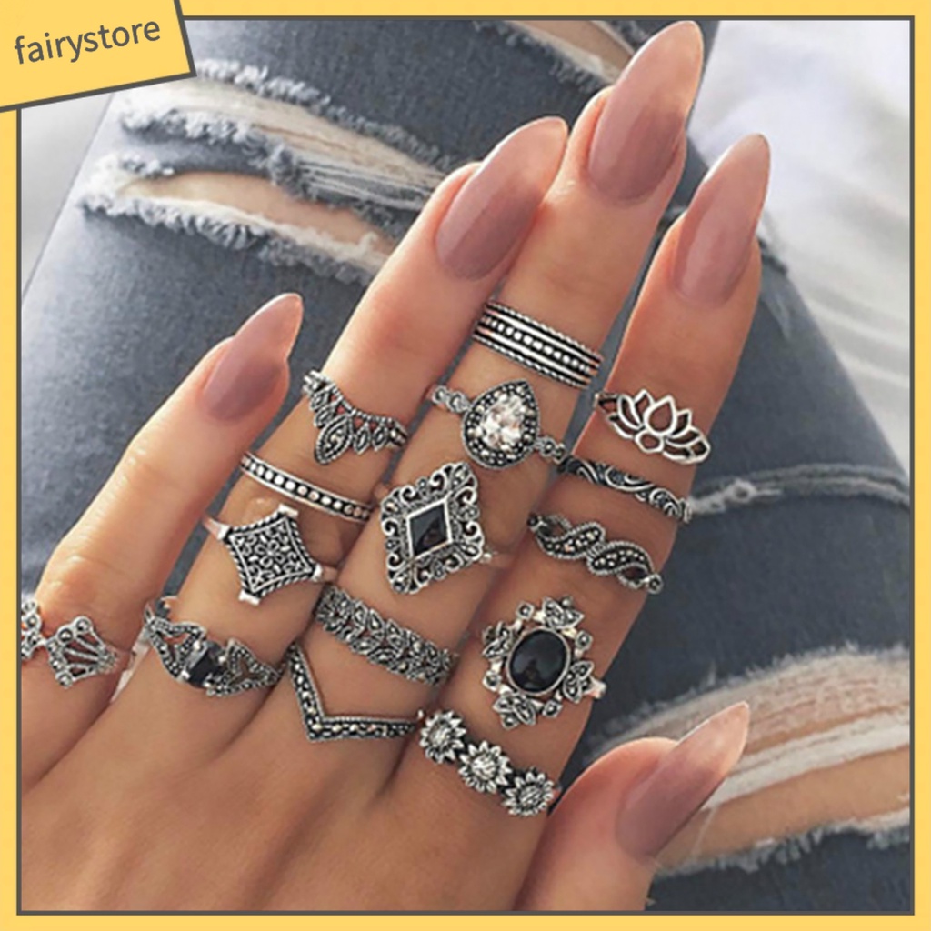Set 15 nhẫn đeo khớp ngón tay đính đá thời trang cho nữ