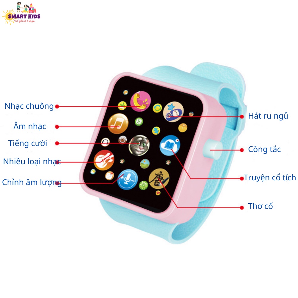 Đồng Hồ Đồ Chơi Cho Bé Mô Phỏng Apple Watch Cảm Ứng Phát Nhạc Đèn LED, Đồ Chơi Giao Dục Sớm Trẻ Em Smartkids