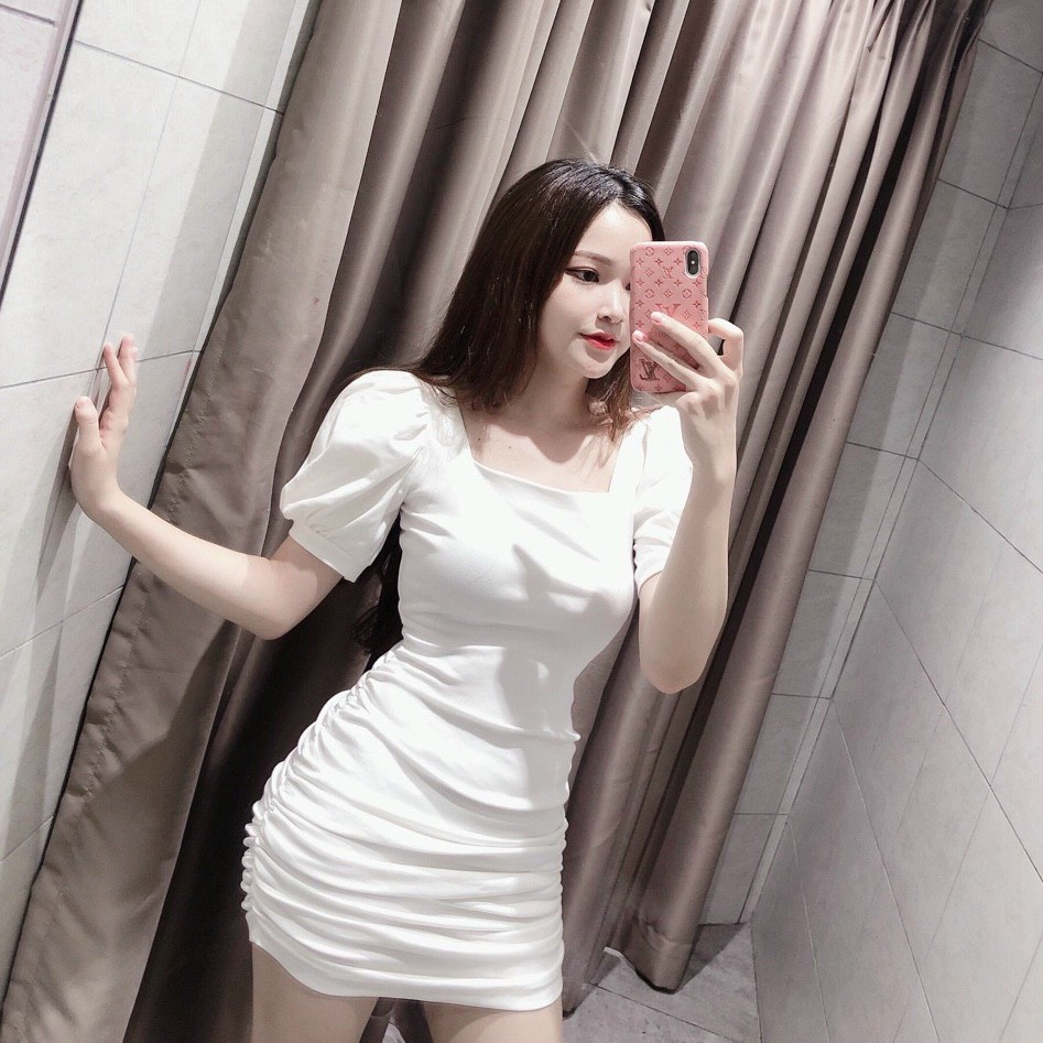 ĐẦM BODY NHÚN SƯỜN CỔ VUÔNG TAY PHỒNG CHẤT THUN DÀY DẶN | BigBuy360 - bigbuy360.vn