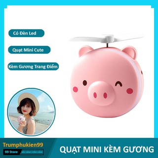 Quạt mini cầm tay kèm gương và đèn trang điểm make up