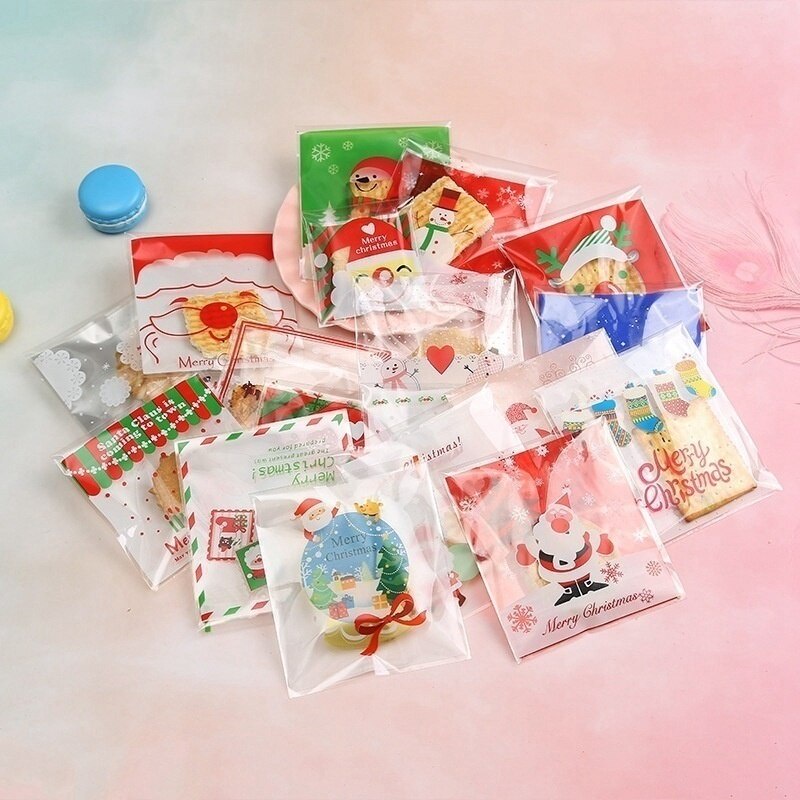Set 100 túi đựng bánh kẹo tự dính họa tiết giáng sinh