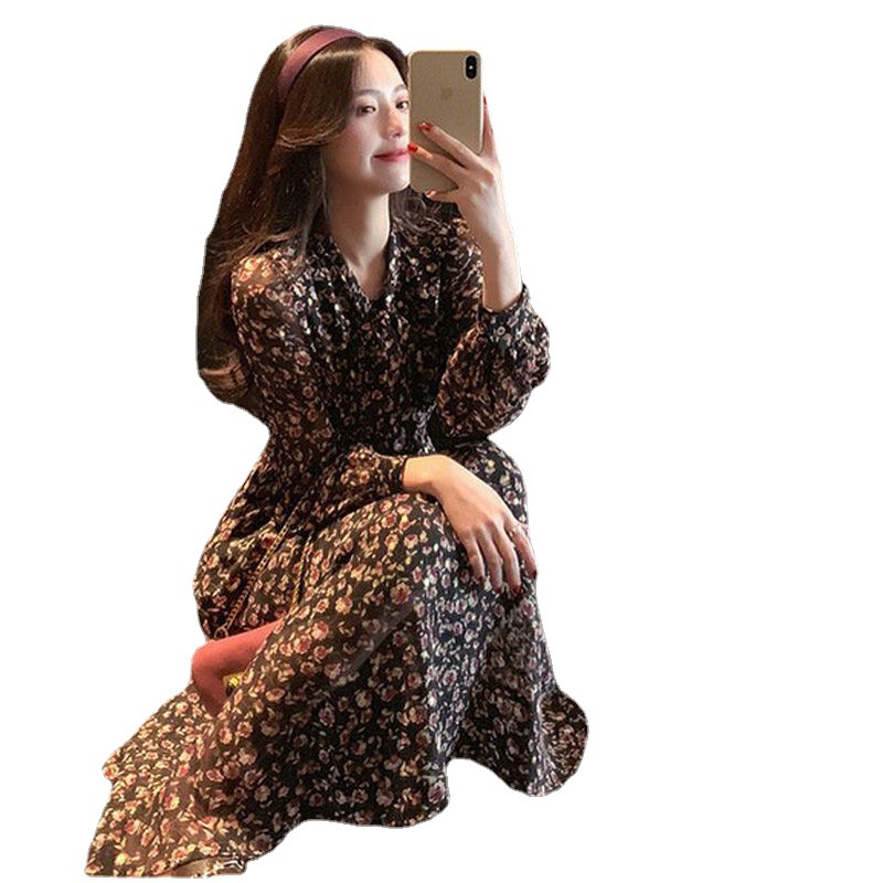 Đầm Voan Hoa Tay Dài Cổ Chữ V Phong Cách Retro Pháp Thanh Lịch Cho Nữ 2022