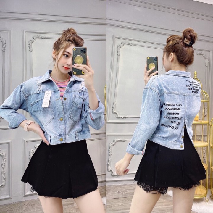 Áo khoác jeans nữ lửng cao cấp dáng ngắn tay dài thêu họa tiết cúc lưng phong cách hàn quốc kiểu mới đẹp giá sỉ