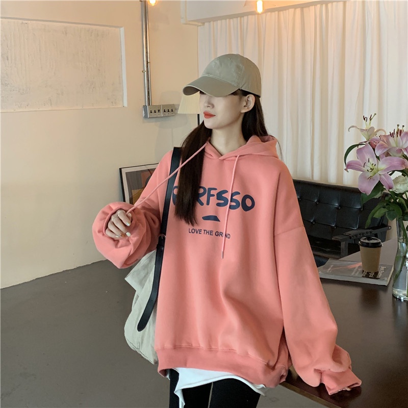Áo sweater tay dài dáng rộng in chữ kiểu Hàn Quốc dễ phối đồ